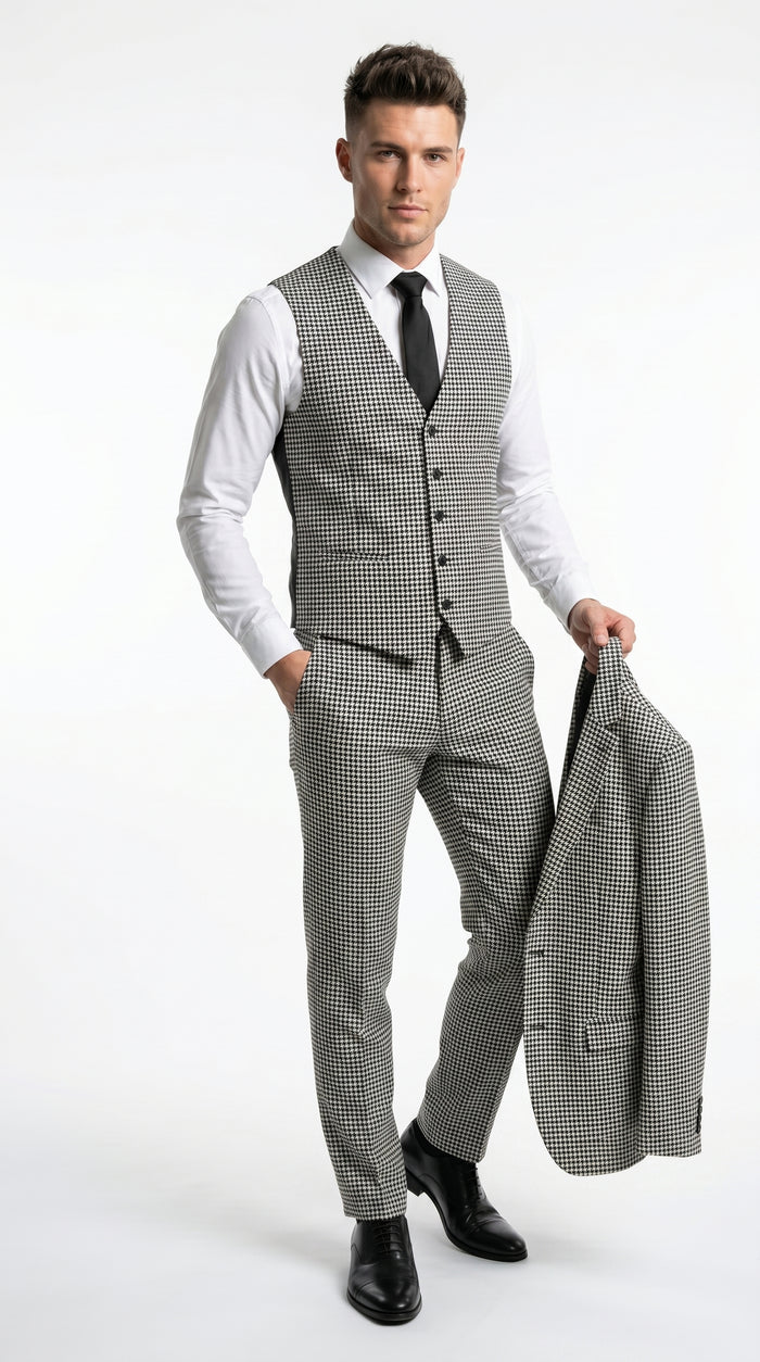 Men’s Black and White Houndstooth Checkered 3 Piece Suit, Gray Checkered Formal Wedding Business Suit Set