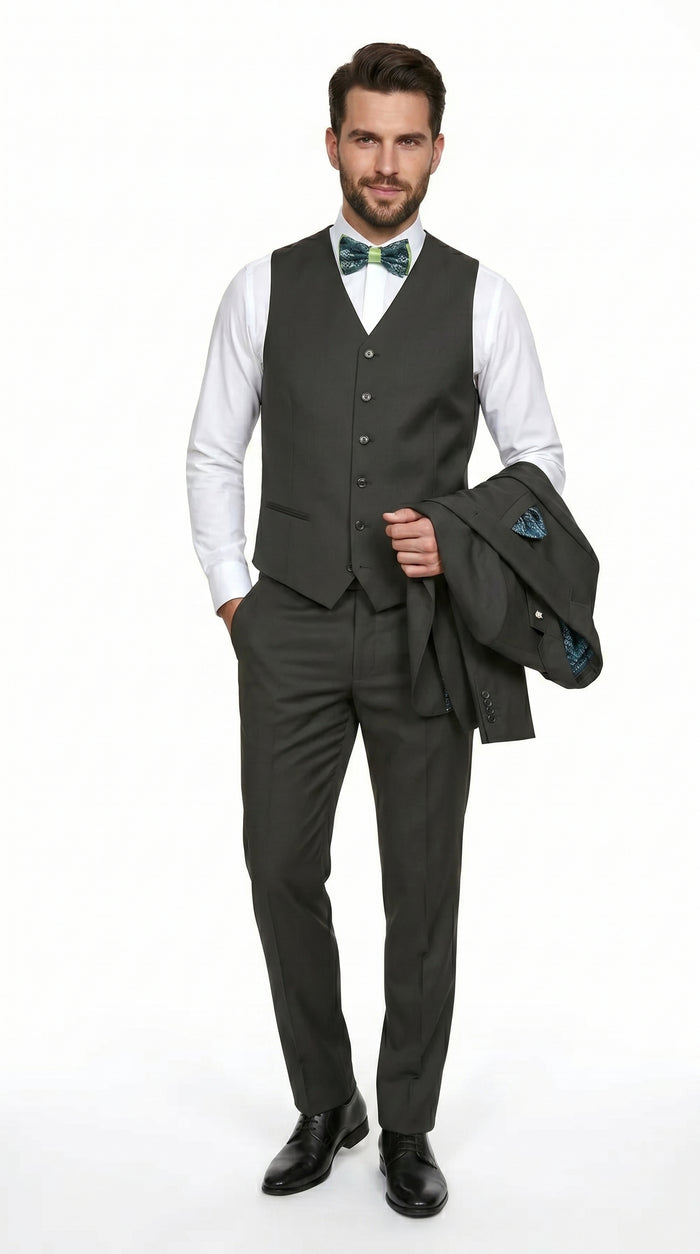 Statement Men’s Solid Olive 100% Wool Vested Suit, Formal Wedding Business 3 Piece Suit Set