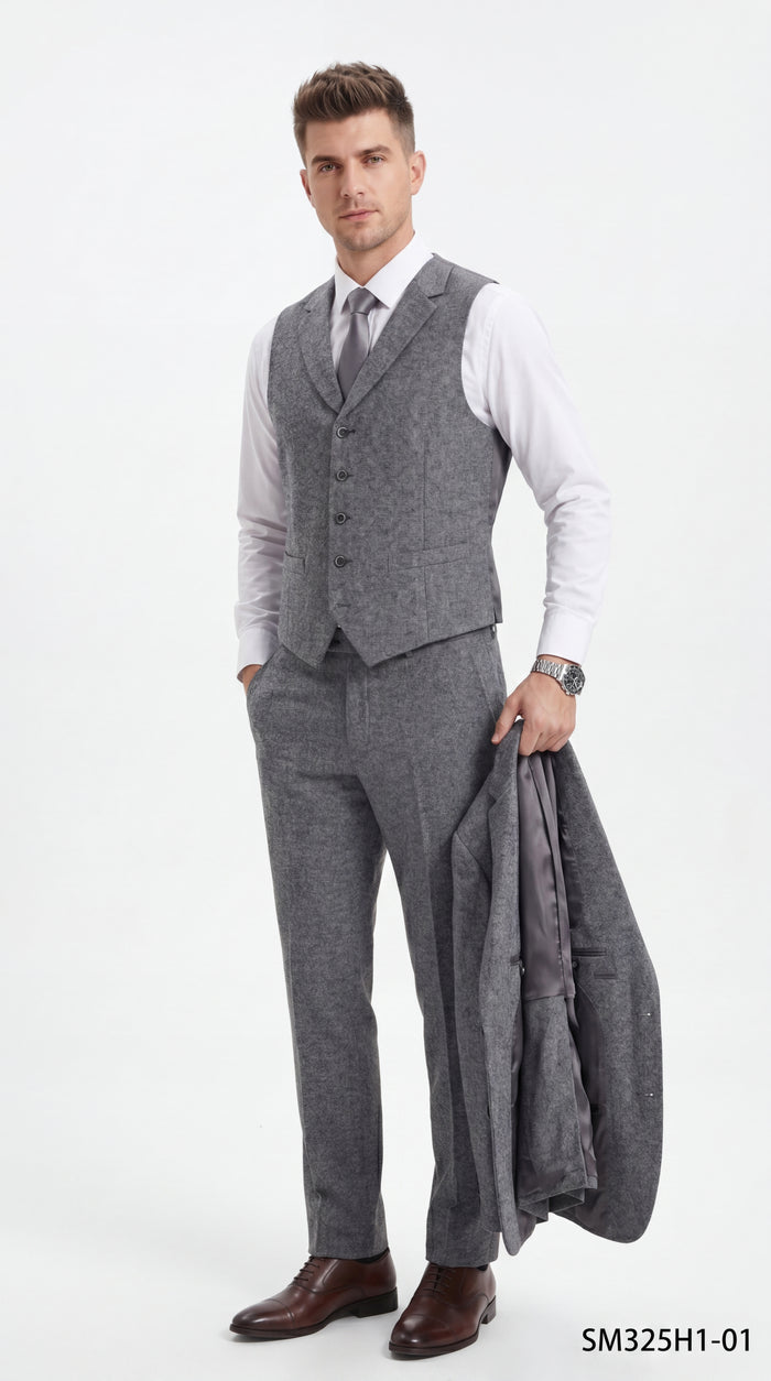 Stacy Adams Men’s Herringbone 3 Piece Hybrid Fit Suit, Formal Wedding Business Suit in Brown and Gray
