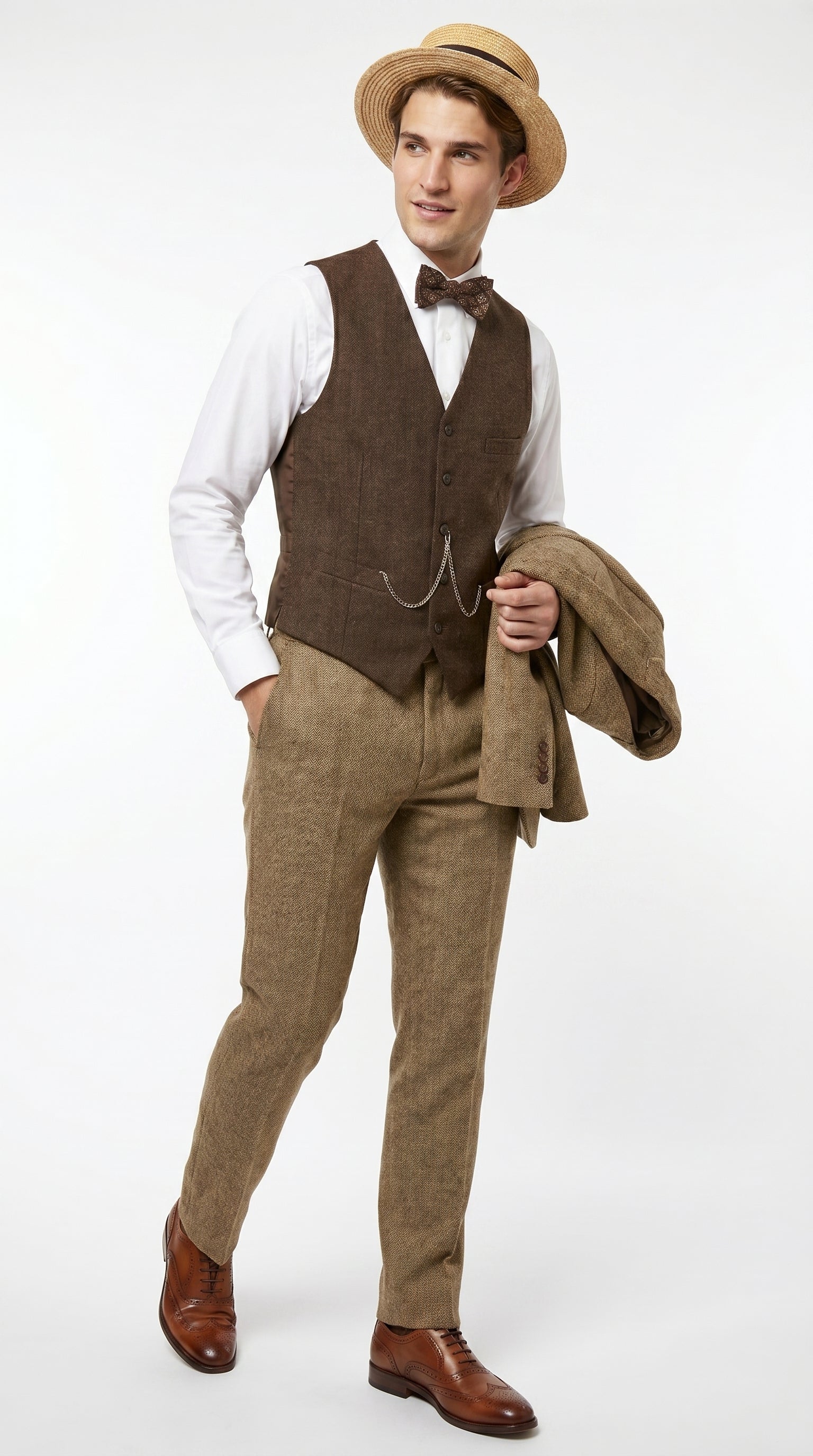 Men’s Camel Pocket Suit with Brown Vest, Vintage Inspired Formal Dress Outfit