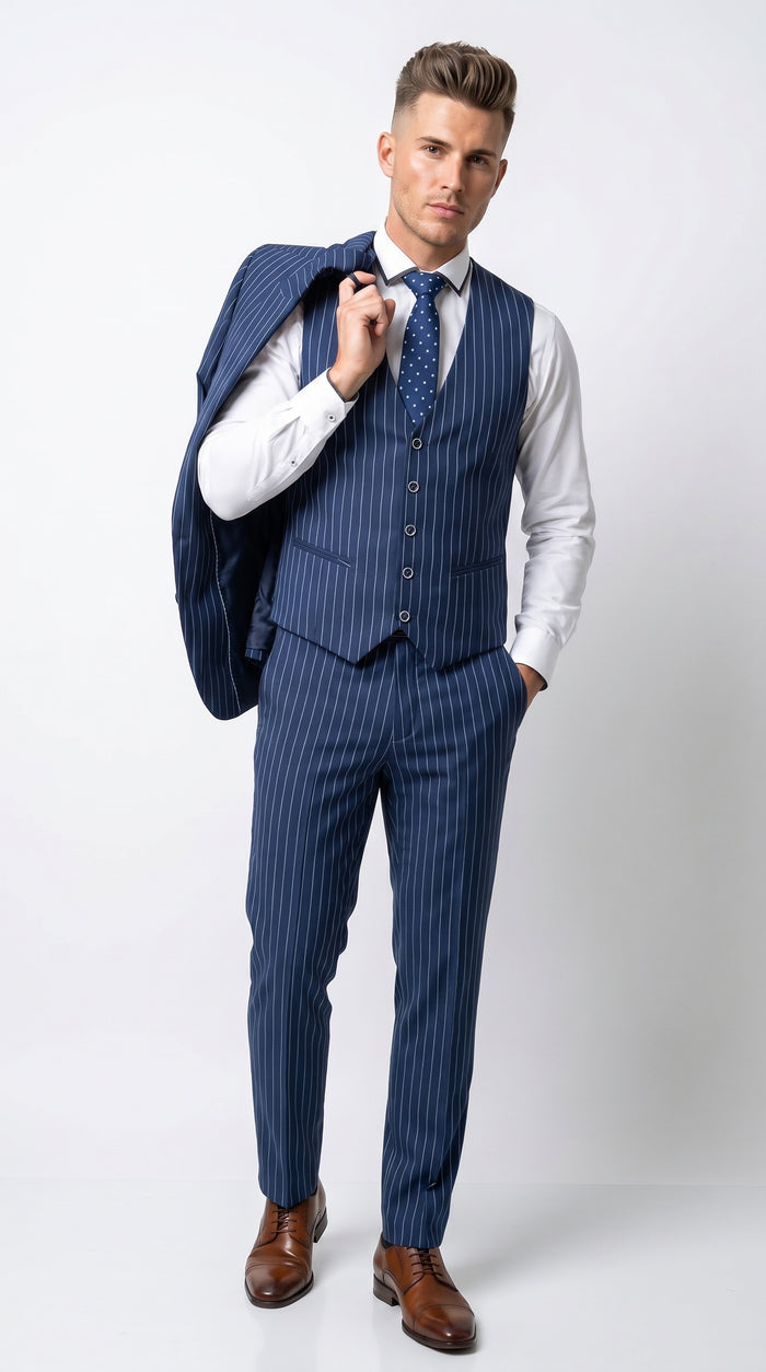 Men’s Navy Blue Vested Bold Gangster Pinstripe Suit, 3 Piece Formal 1920s Dress Suit