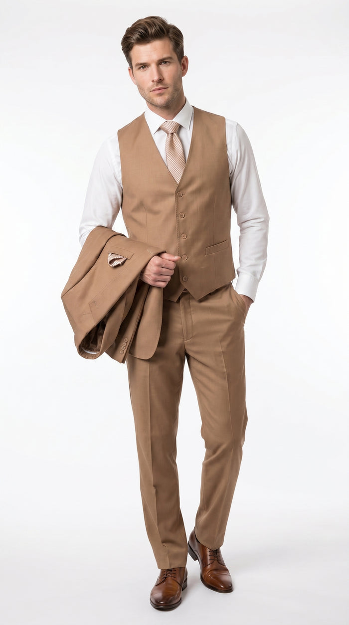 Men’s Caramel 2 Button Modern Fit Vested Wool Suit, Formal Wedding Business Dress Suit
