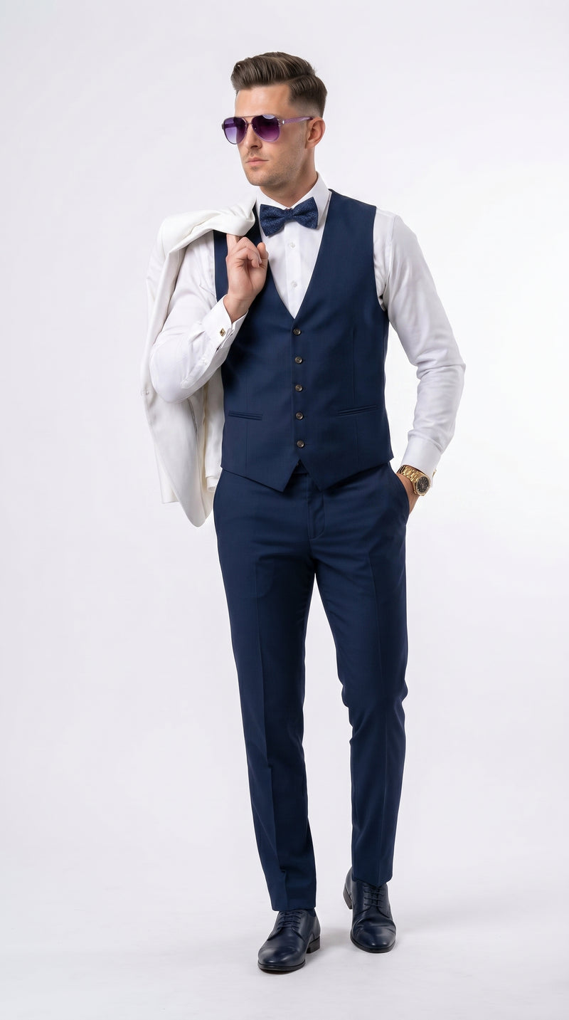 Men’s White and Navy Blue Wedding Suit, White Dinner Jacket with Navy Vest, Pants and Bow Tie