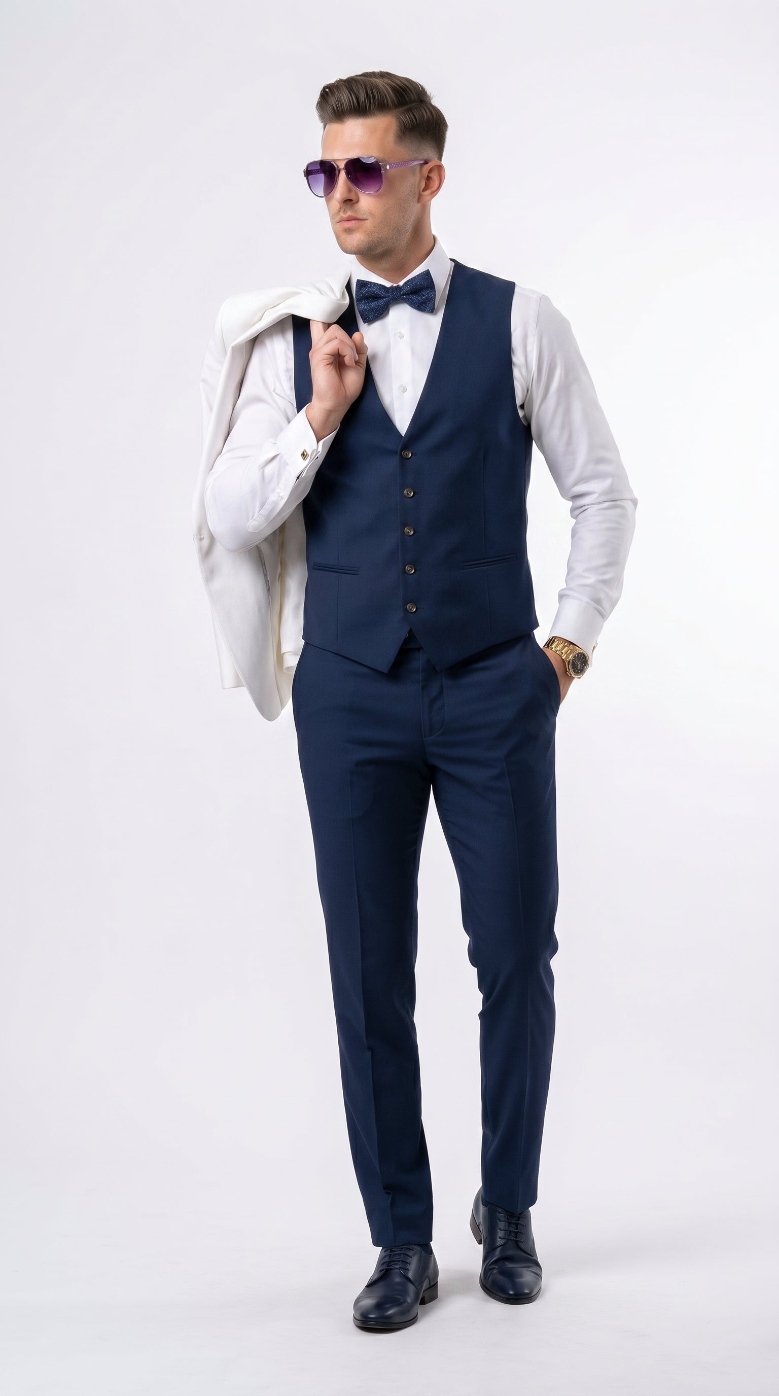 Men’s White and Navy Blue Wedding Suit, White Dinner Jacket with Navy Vest, Pants and Bow Tie