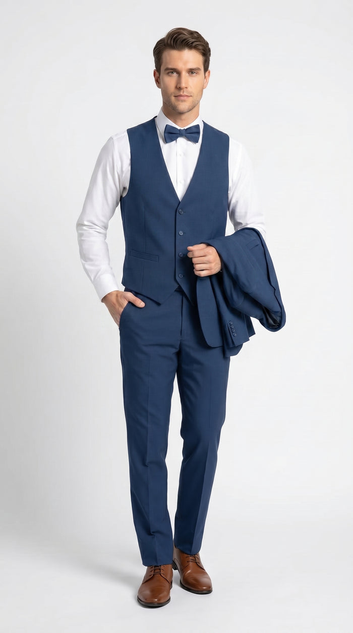 Men’s French Blue Tuxedo Suit with Matching Vest, Bow Tie and Satin Collar