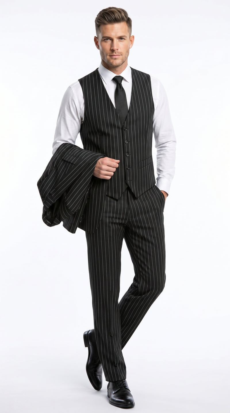 Men’s Black 2 Button Gangster Pinstripe Suit with Vest, Mobster Mafia Style Formal Suit