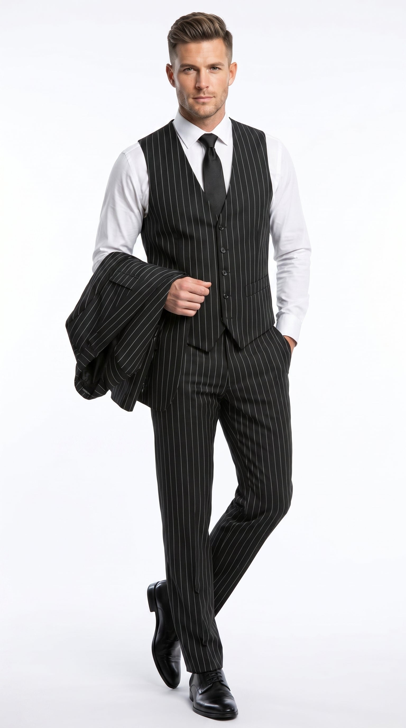 Men’s Black 2 Button Gangster Pinstripe Suit with Vest, Mobster Mafia Style Formal Suit