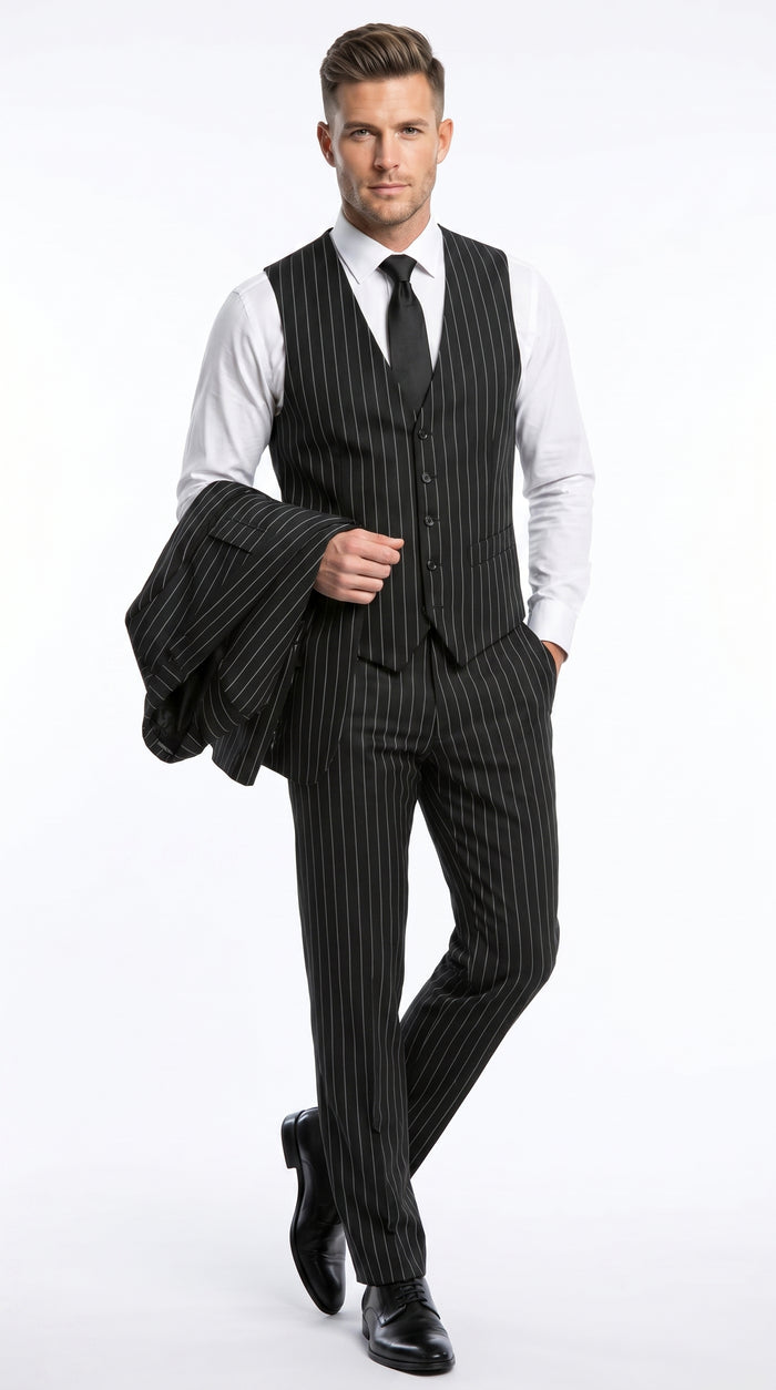 Men’s Black 2 Button Gangster Pinstripe Suit with Vest, Mobster Mafia Style Formal Suit