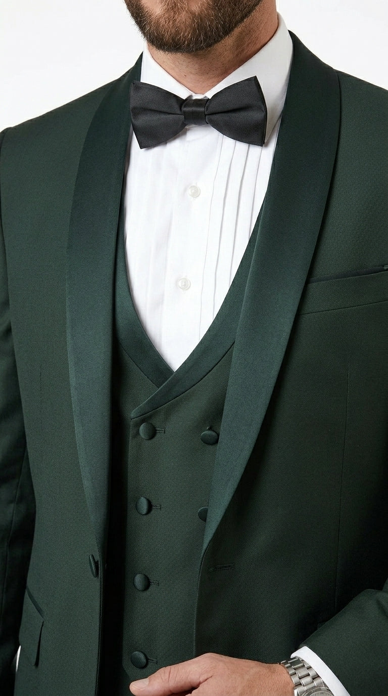Men’s Hunter Green Vested Tuxedo Suit with Black Trim Shawl Lapel, Wedding Prom Formal Suit Set