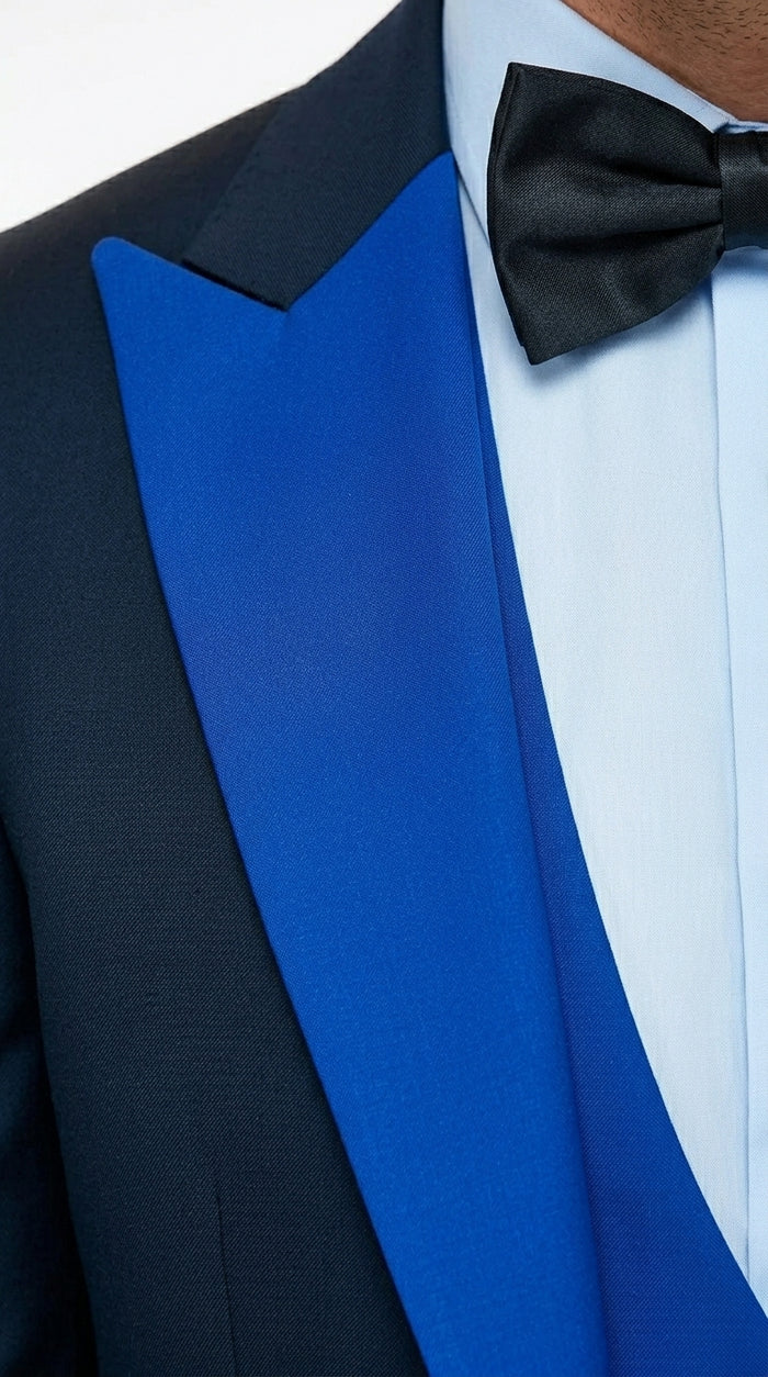 Men’s Black and Royal Blue 100% Wool Vested Tuxedo Suit with Peak Lapel, Wedding Prom Formal Suit Set
