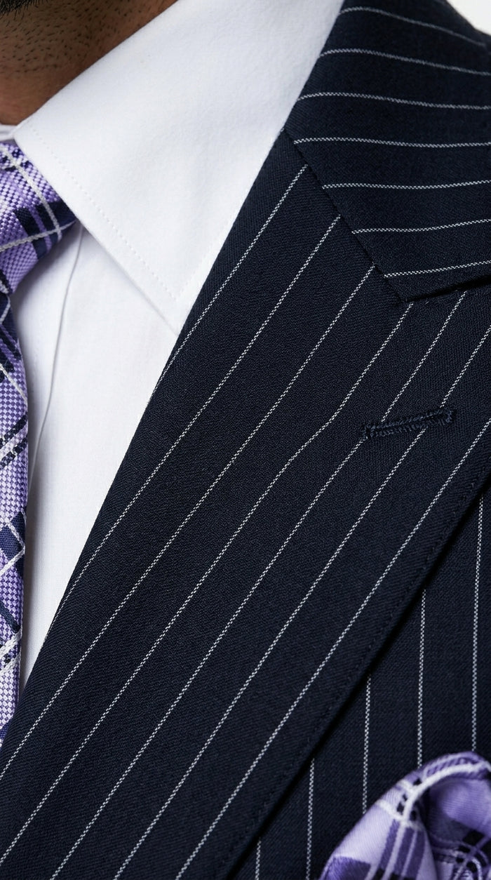 Men’s Navy Pinstripe Double Breasted Suit, Statement Formal Wedding Business Dress Suit