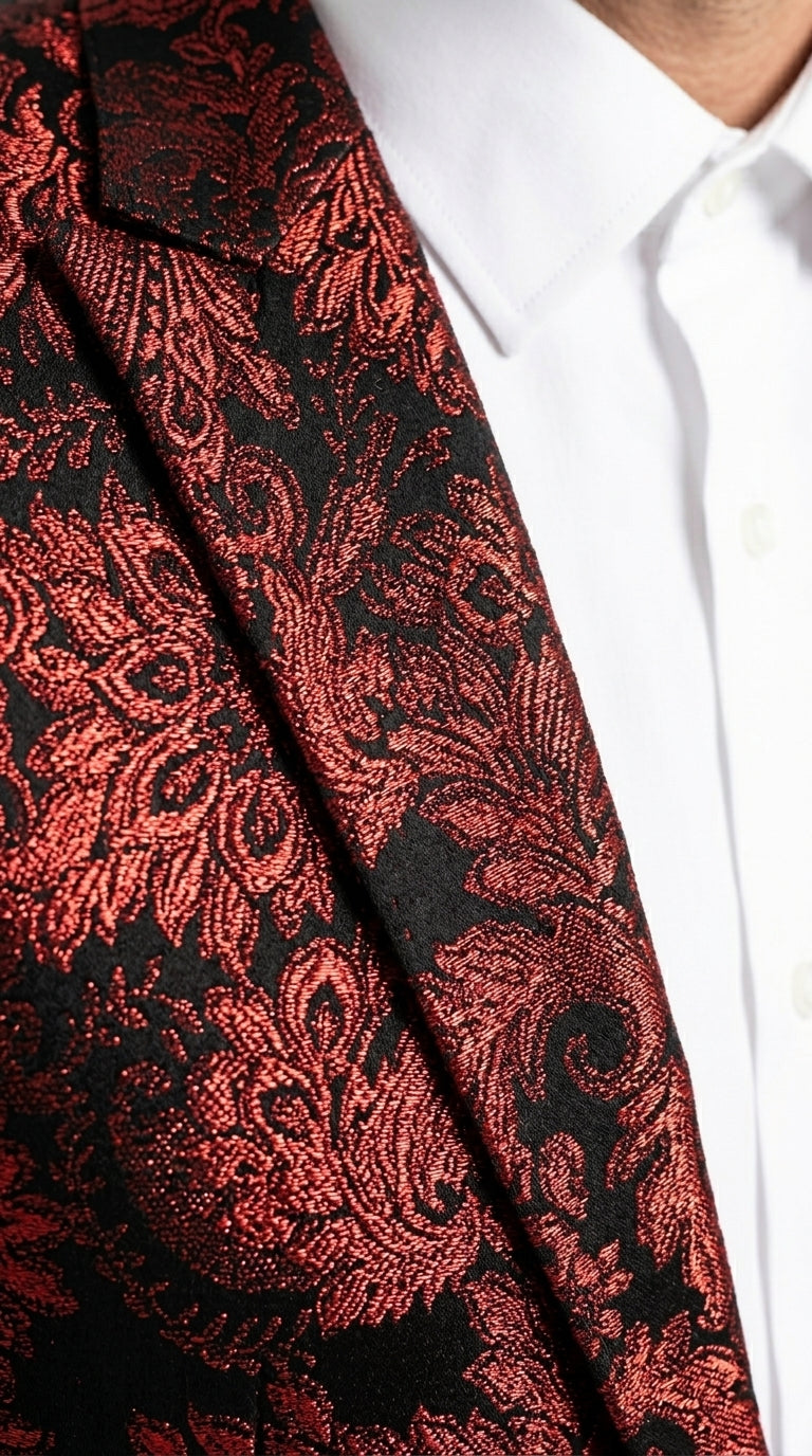 Men’s Red and Black Retro Paris Floral Suit, Designer Formal Wedding Prom Party Blazer Set