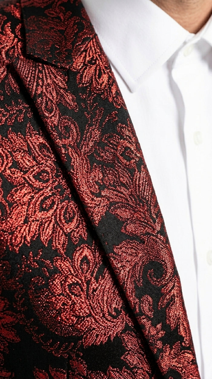 Men’s Red and Black Retro Paris Floral Suit, Designer Formal Wedding Prom Party Blazer Set