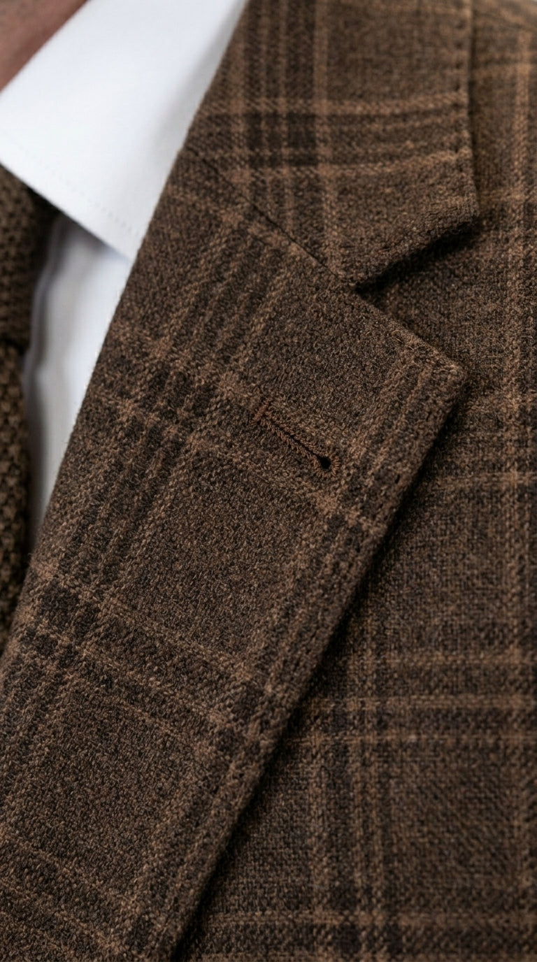 Men’s Brown Windowpane Plaid 3 Piece Suit, Classic Formal Wedding Business Dress Suit Set