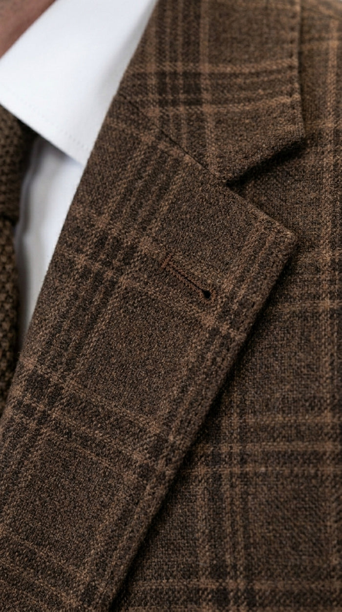 Men’s Brown Windowpane Plaid 3 Piece Suit, Classic Formal Wedding Business Dress Suit Set
