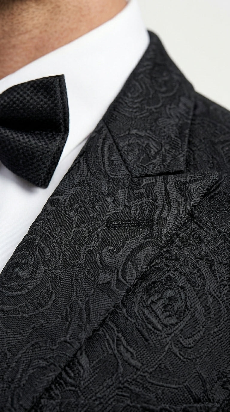 Men’s Black Floral Patterned Tuxedo Jacket, Formal Wedding Prom Dinner Blazer with Shawl Lapel