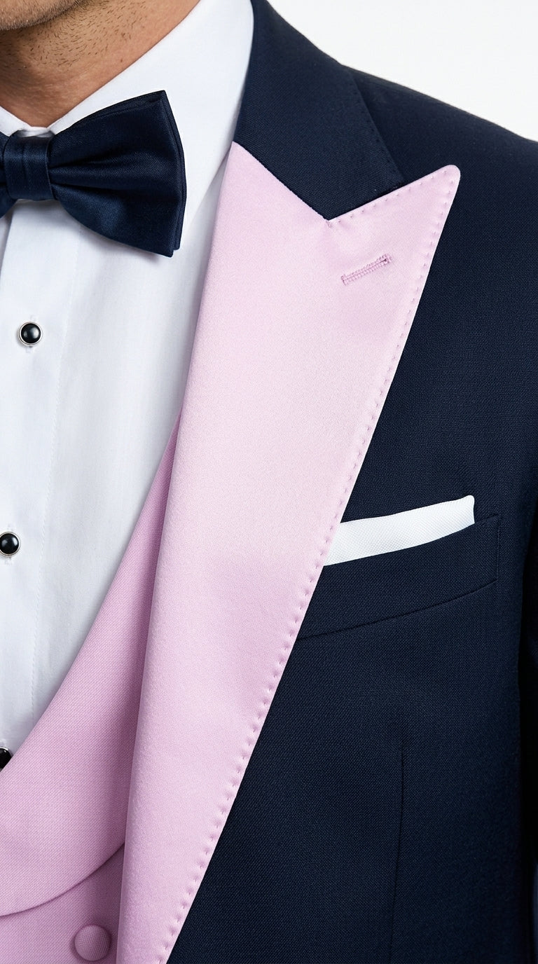 Men’s Black and Pink 100% Wool Vested Tuxedo, Peak Lapel Wedding Prom Formal Suit Set