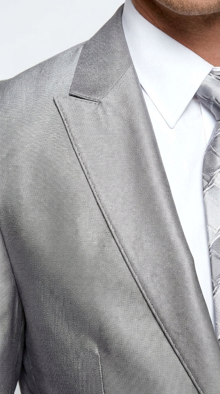 Men’s Silver Shiny Sharkskin 2 Button Suit, Peak Lapel Formal Wedding Prom Dress Suit Set