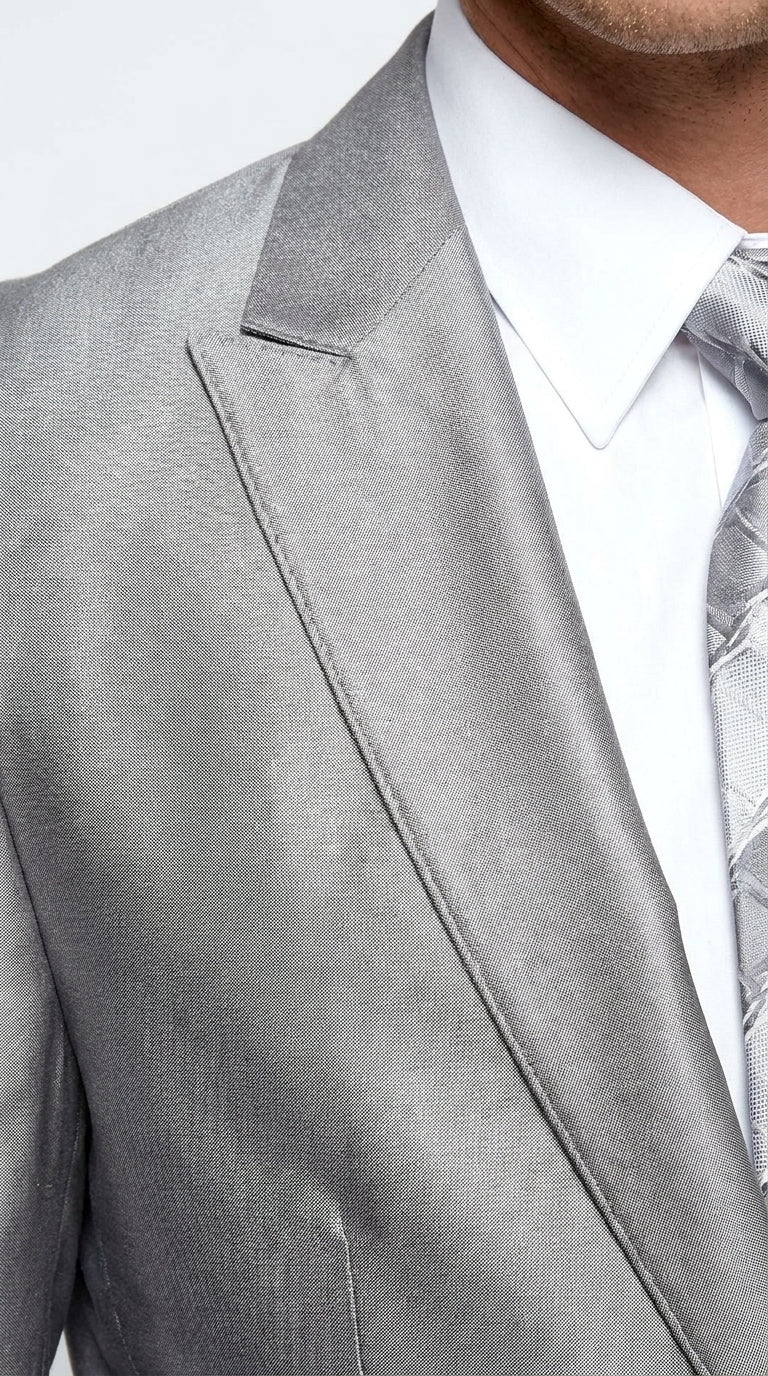 Men’s Silver Shiny Sharkskin 2 Button Suit, Peak Lapel Formal Wedding Prom Dress Suit Set