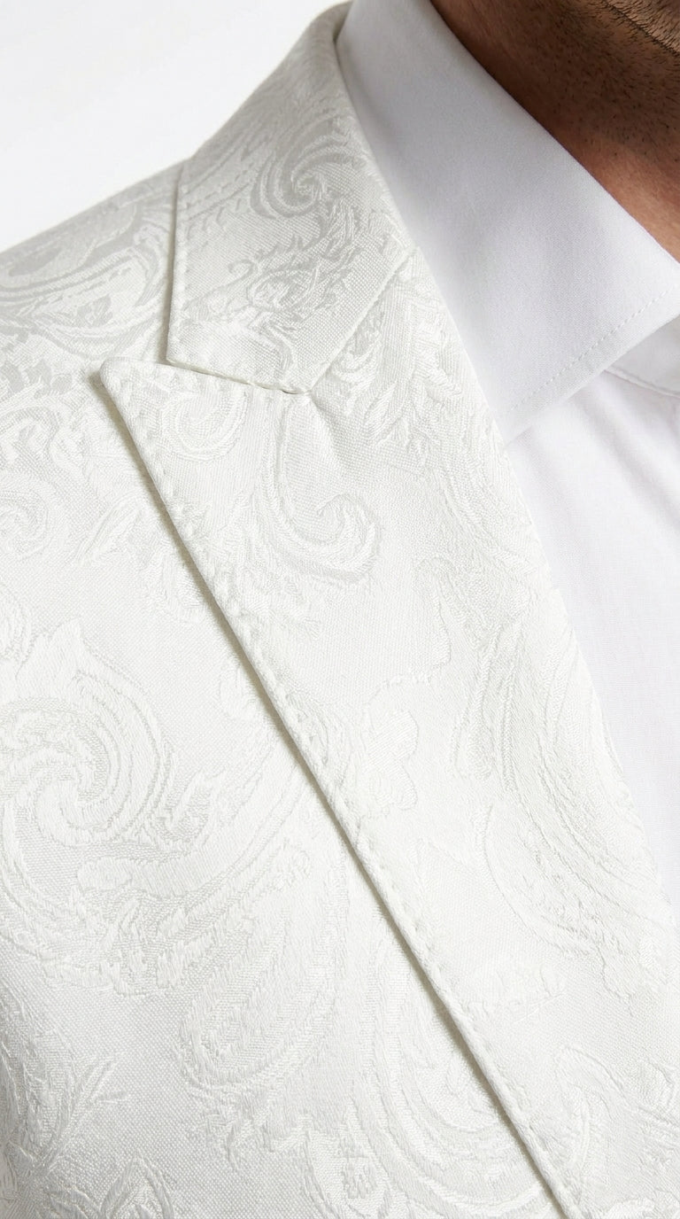 Men’s White Floral Satin Dinner Jacket – Shiny Paisley Tuxedo Blazer for Wedding, Prom, Stage & Party Wear