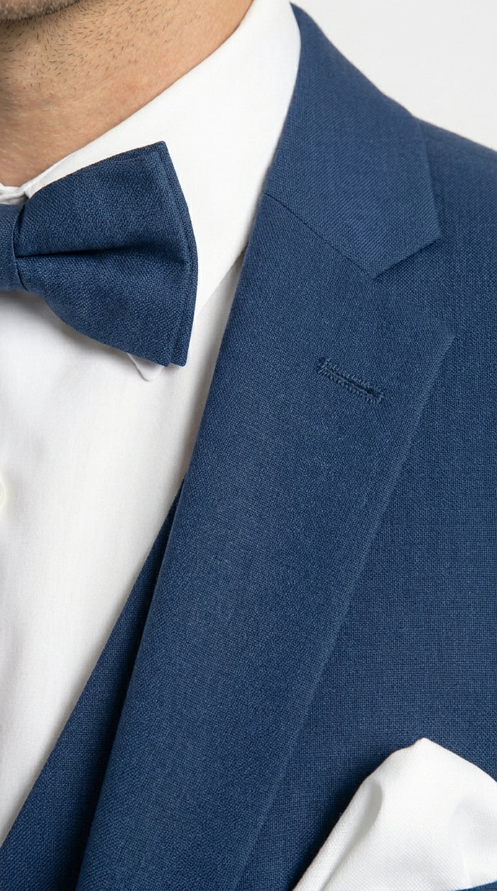 Men’s French Blue Tuxedo Suit with Matching Vest, Bow Tie and Satin Collar