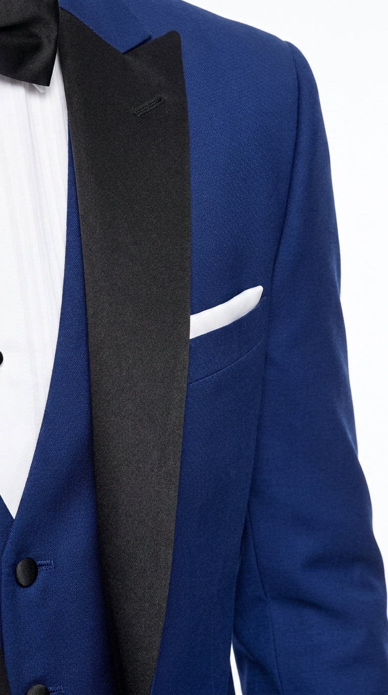 Men’s Cobalt Blue Wedding Tuxedo Set with Black Satin Shawl Lapel and Matching Vest