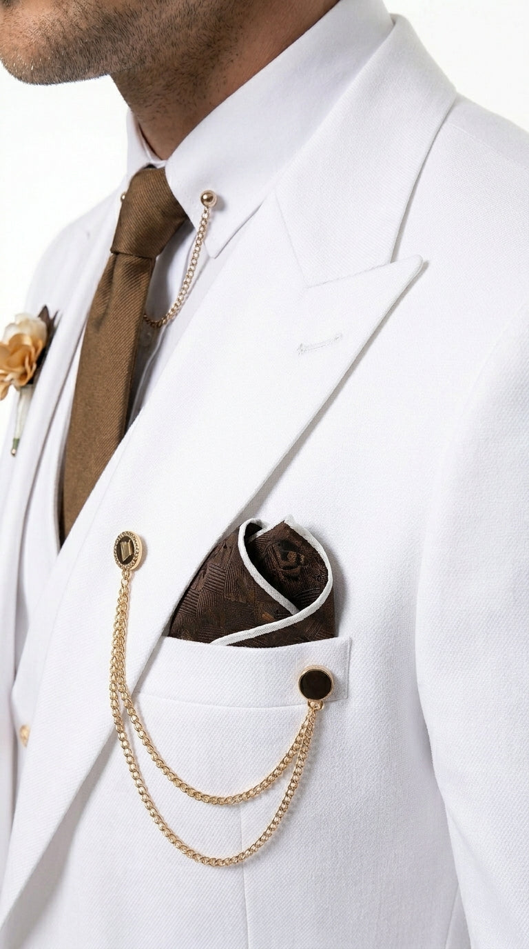 Men’s White and Gold Prom Tuxedo Suit with Double Breasted Vest, Formal Wedding Suit