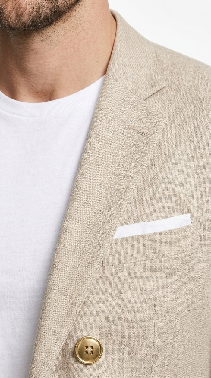 Men’s Sand Linen Cotton 2 Button Sport Coat, Long Sleeve Dress Casual Blazer