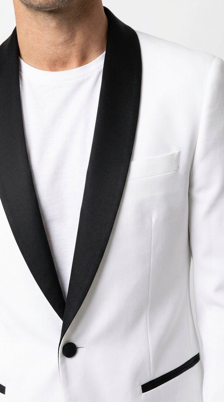 Men’s White Tuxedo Dinner Jacket with Black Shawl Lapel, Formal Wedding Prom Blazer
