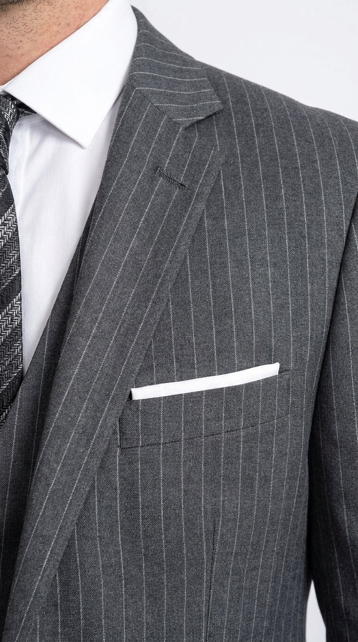 Men’s Charcoal Grey Pinstripe 2 Button Vested Suit, Modern Fit Wool Blend Formal Dress Suit