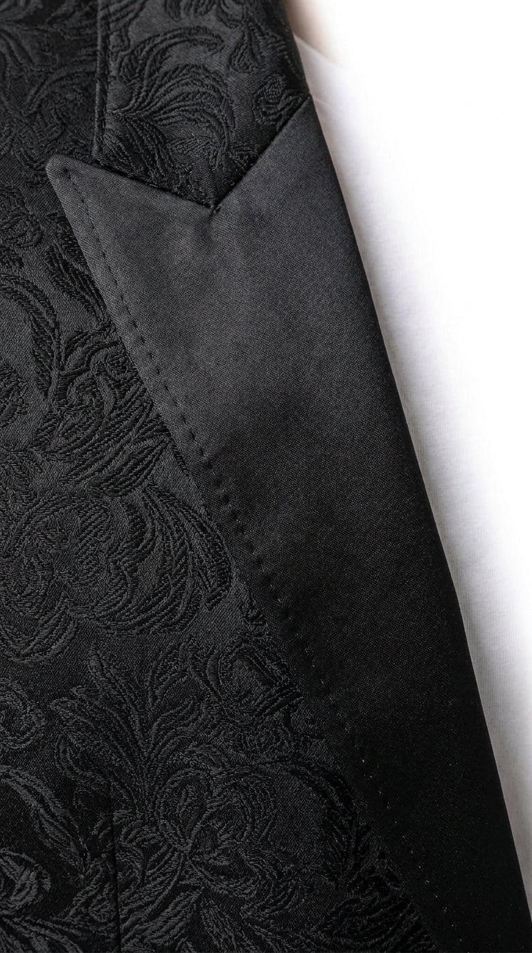 Men’s Black Paisley Jacquard Western Blazer with Satin Shawl Lapel, Formal Designer Sport Coat