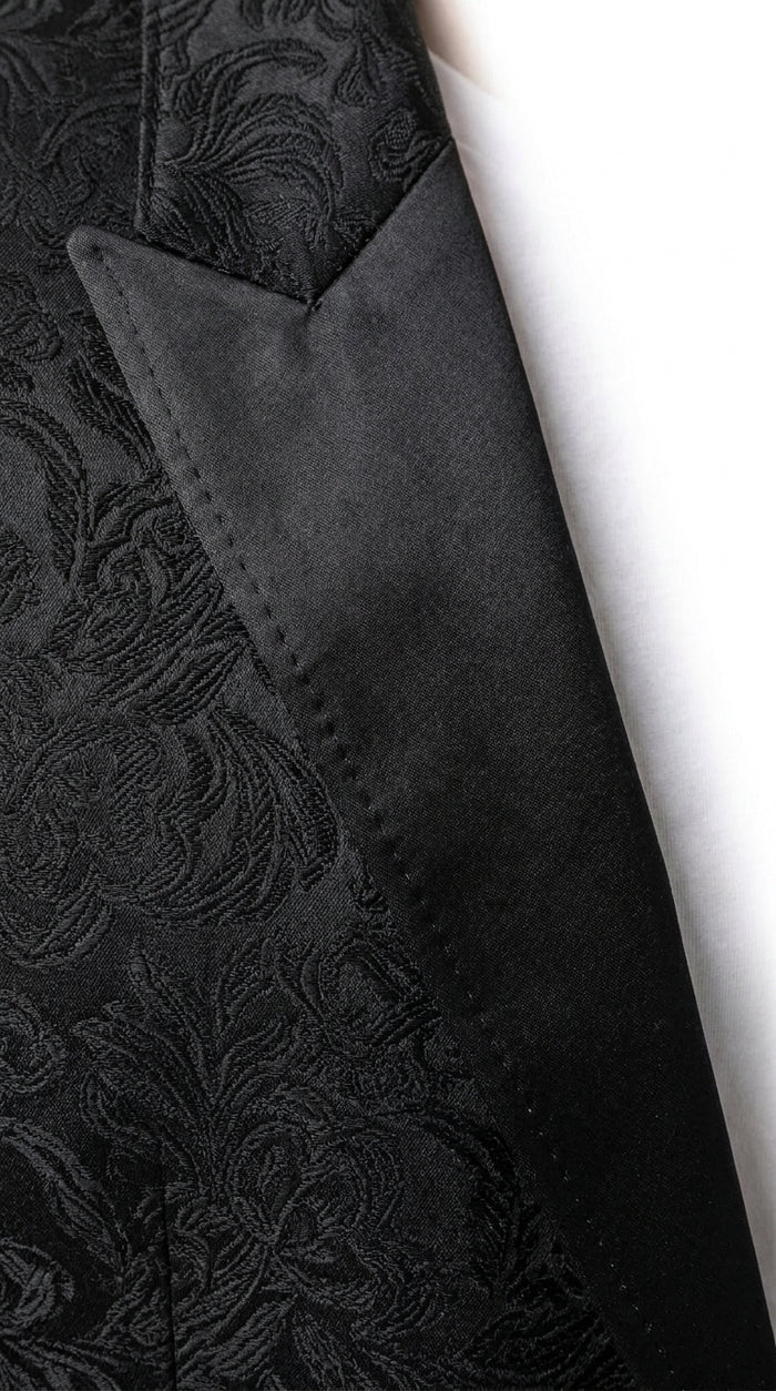 Men’s Black Paisley Jacquard Western Blazer with Satin Shawl Lapel, Formal Designer Sport Coat
