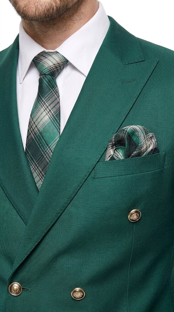 Men’s Hunter Green Double Breasted Wool Suit with Gold Buttons, Modern Fit Formal Wedding Suit