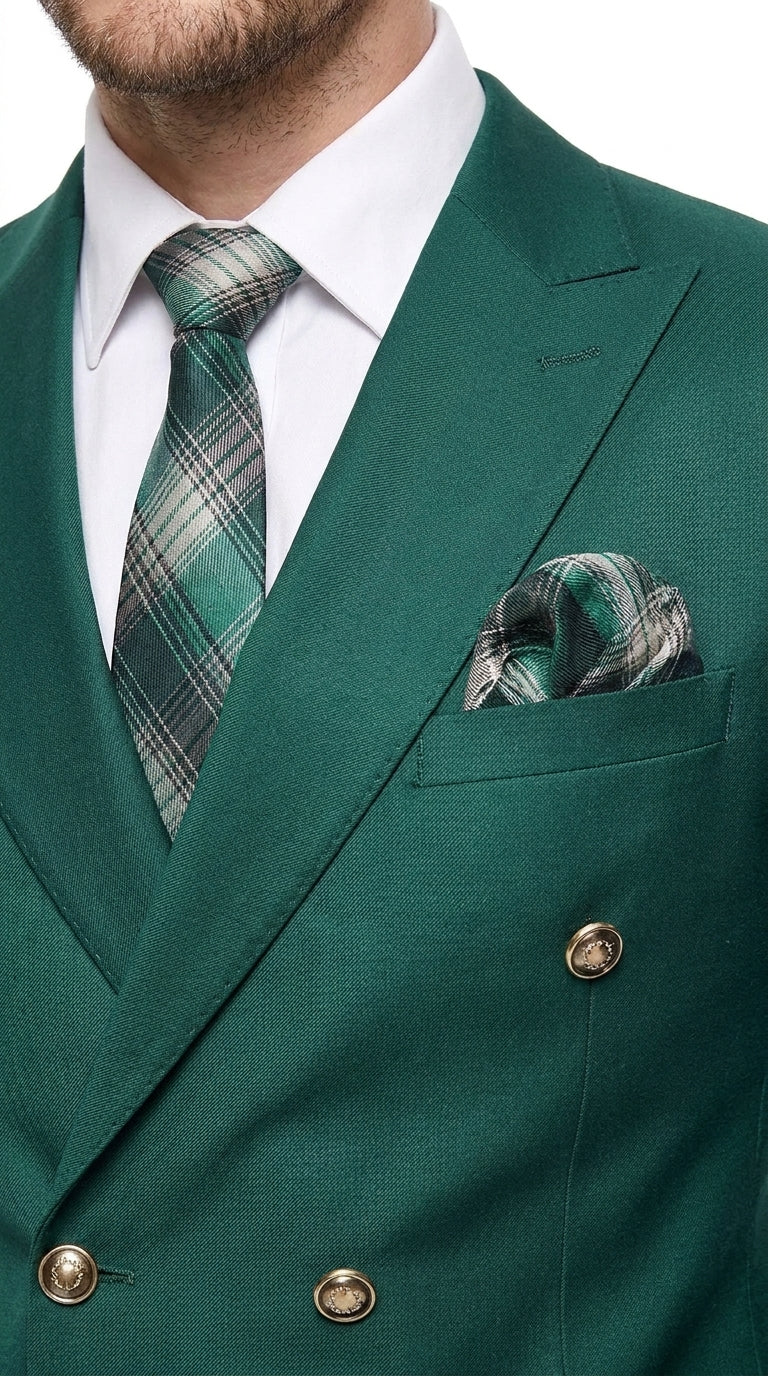 Men’s Hunter Green Double Breasted Wool Suit with Gold Buttons, Modern Fit Formal Wedding Suit