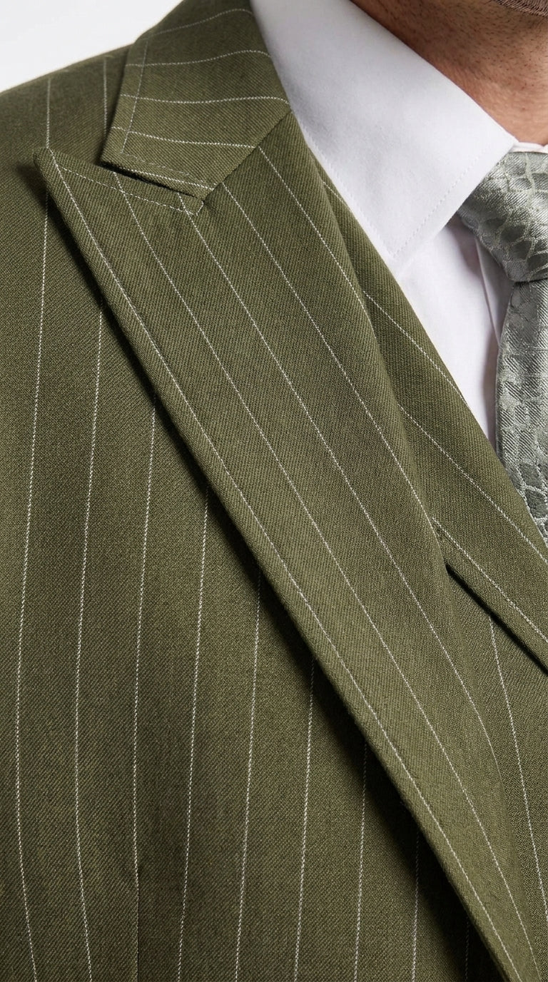 Men’s Big and Tall Olive Pinstripe 3 Piece Suit, Plus Size Long Jacket Formal Wedding Business Suit