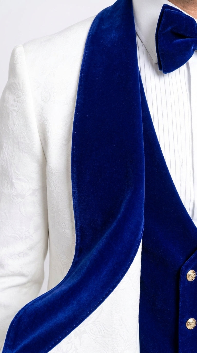 Men’s White and Royal Blue 3-Piece Tuxedo – Groom Wedding and Prom Suit with Velvet Shawl Lapel