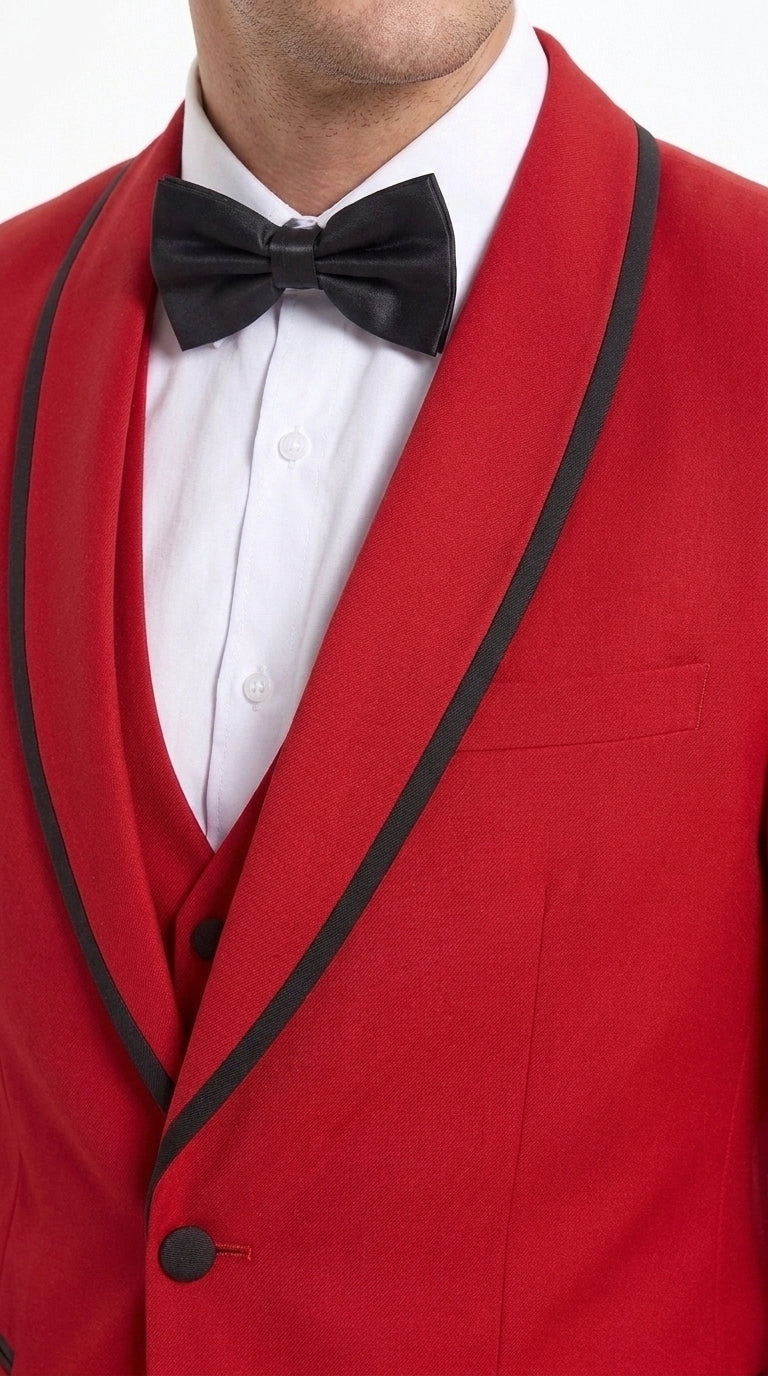Men’s Trim Lapel Prom Tuxedo– 3 Piece Wedding Suit in Purple, Black, Red, Ivory, or Navy