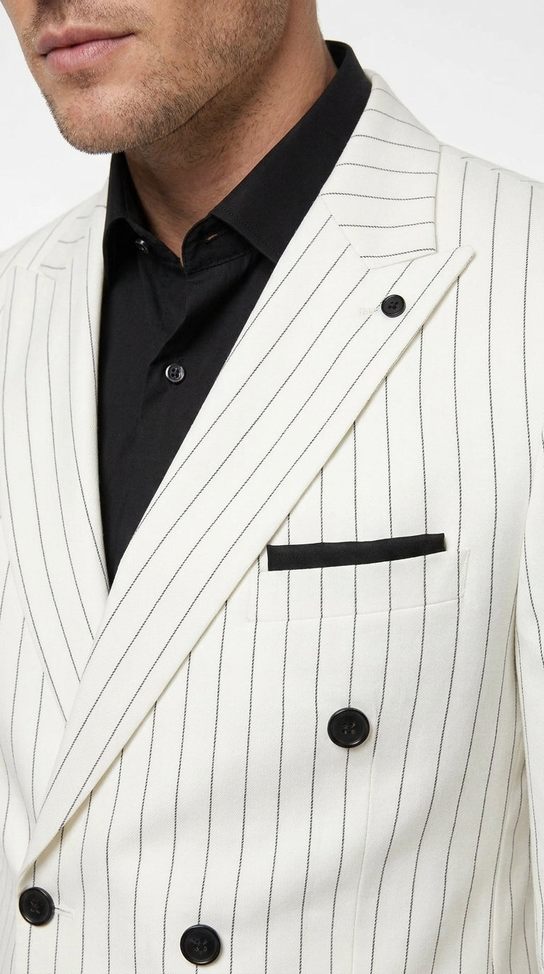 Men’s White Pinstripe Double Breasted Suit – Vintage 1920s 1940s Gangster Dress Suit