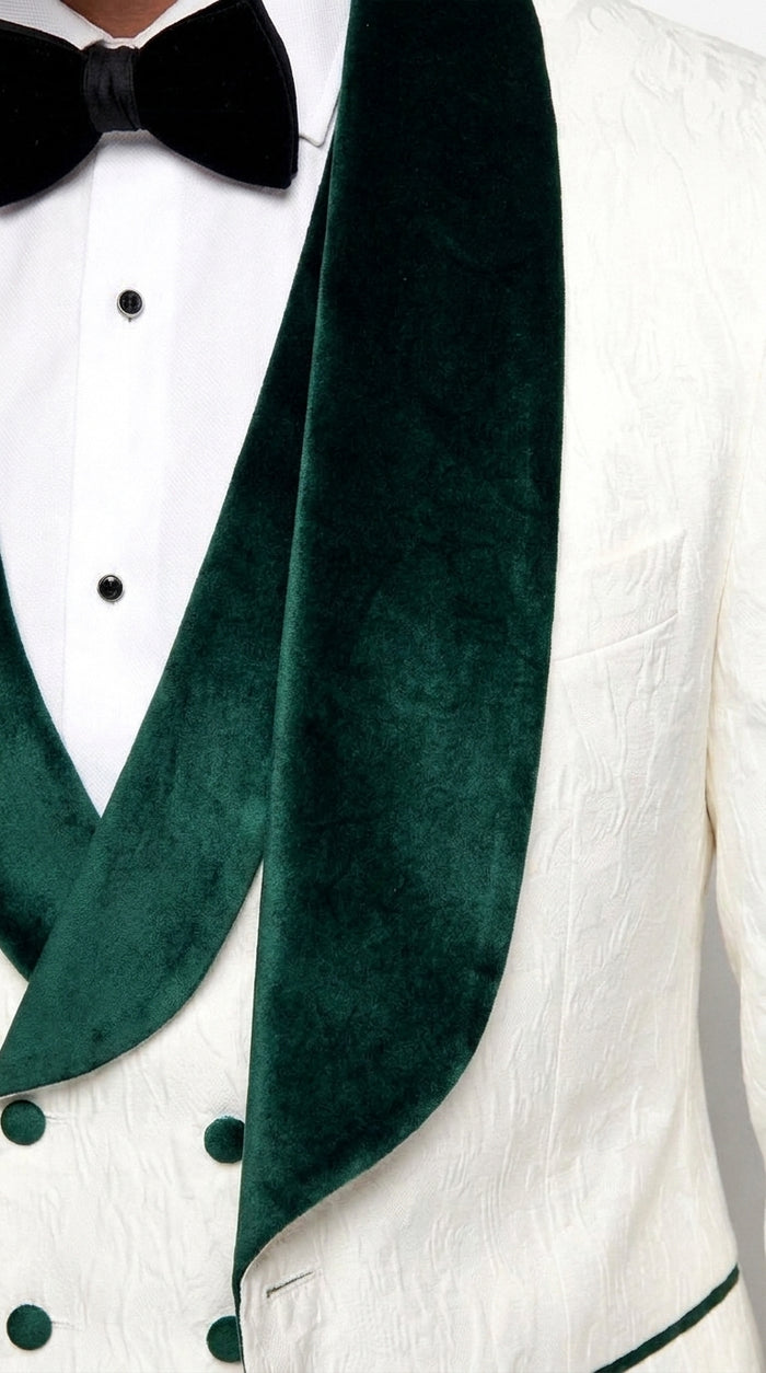 Men’s White and Hunter Green Tuxedo Dinner Jacket, Wide Velvet Shawl Lapel Groom Prom Blazer