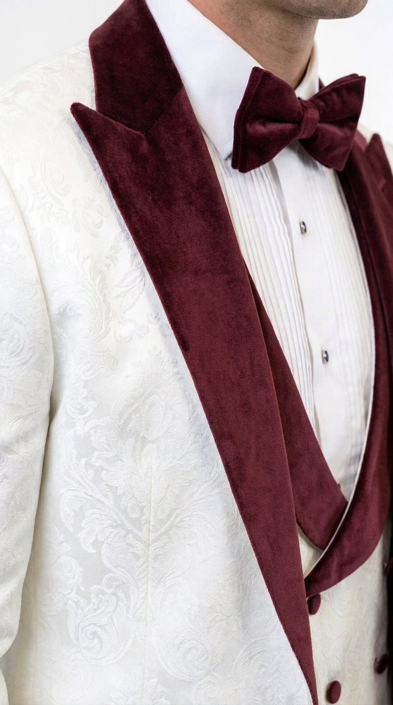 Men’s White and Burgundy Vested Tuxedo Suit, Formal Wedding Groom Prom Dinner Suit