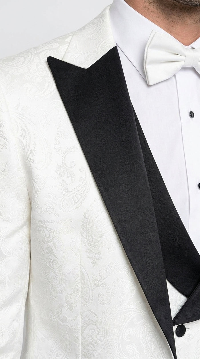 Men’s White and Black Vested Tuxedo Suit, Formal Wedding Groom Prom Dinner Suit