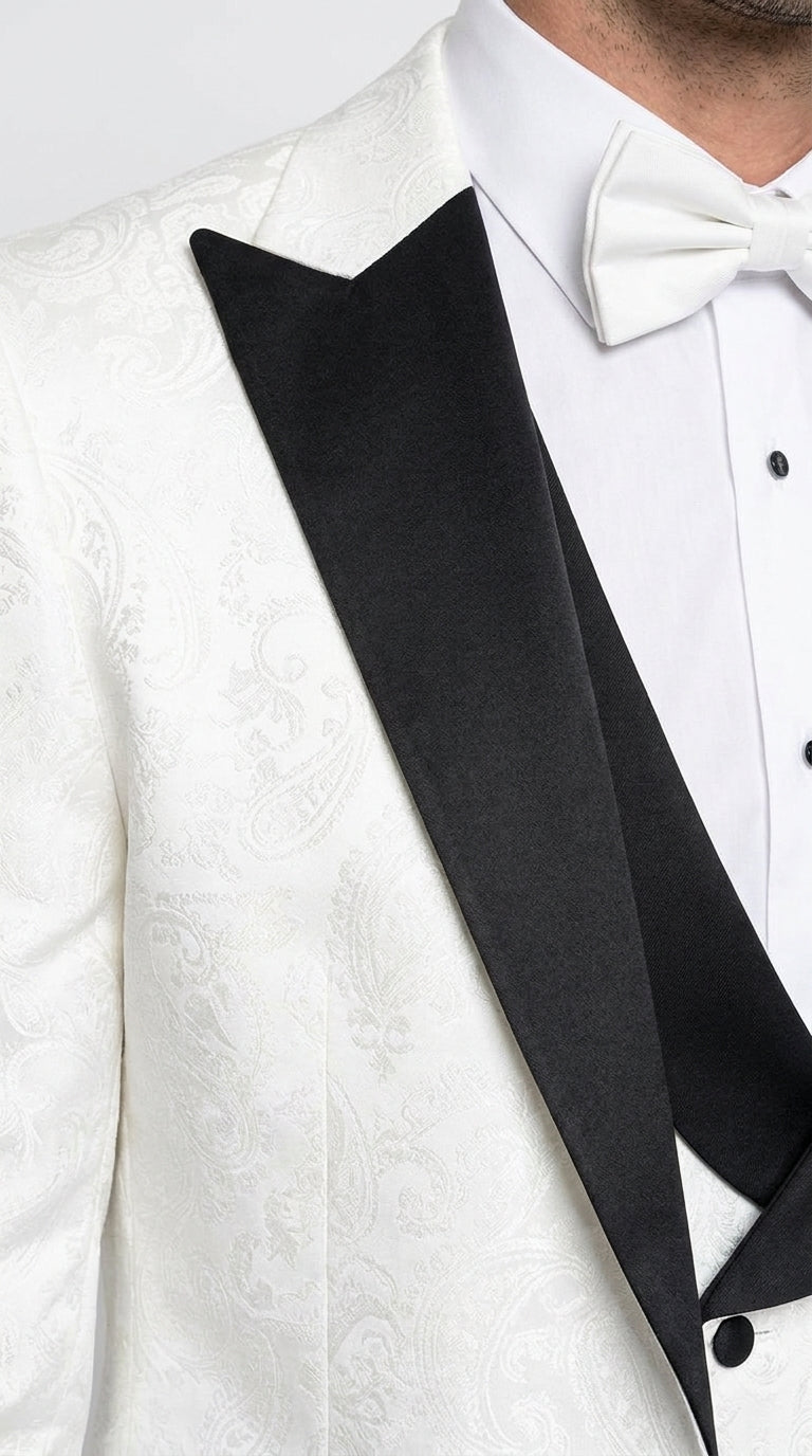 Men’s White and Black Vested Tuxedo Suit, Formal Wedding Groom Prom Dinner Suit