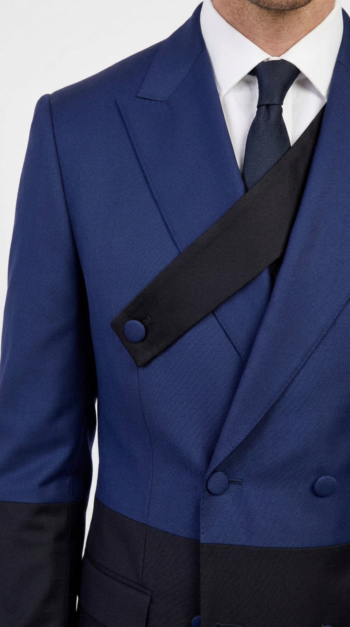 Statement Men’s Two Tone Double Breasted Suit, Modern Fit 2 Piece Wool Formal Wedding Suit