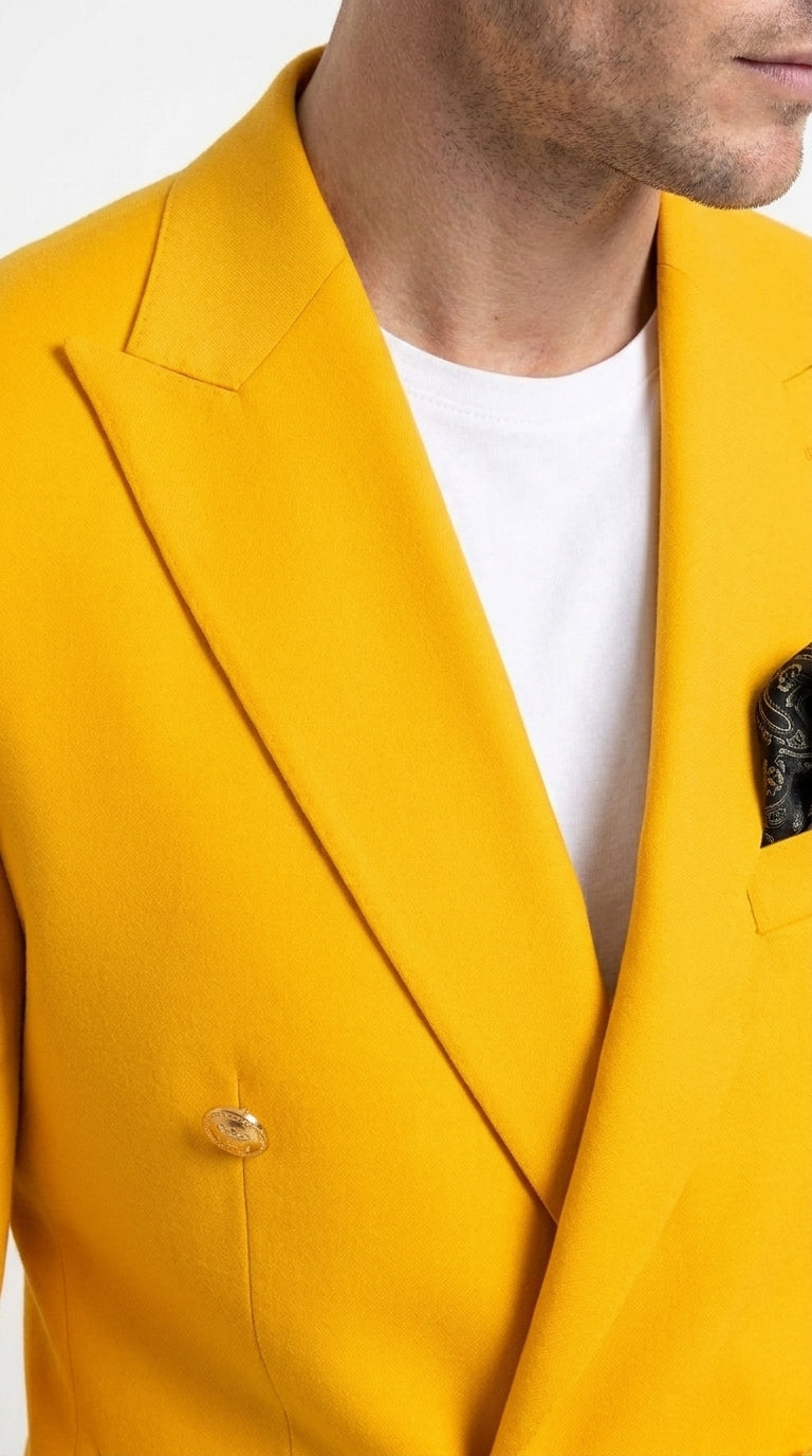 Men’s Gold Double Breasted Blazer, Bright Yellow Formal Sport Coat for Wedding and Party Events