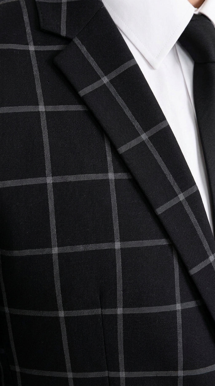 Men’s Black Windowpane Plaid Suit, 1920s Inspired Formal Wedding Prom Dress Suit