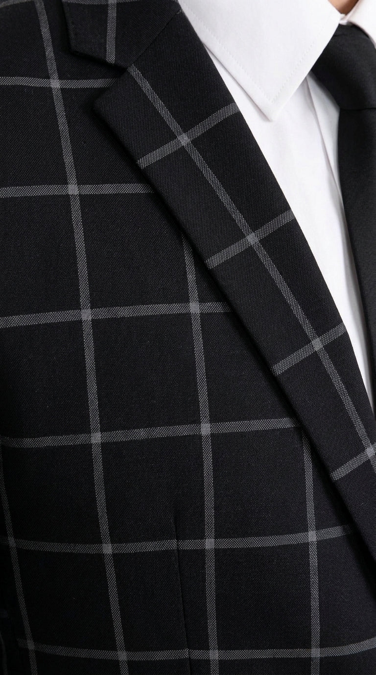 Men’s Black Windowpane Plaid Suit, 1920s Inspired Formal Wedding Prom Dress Suit