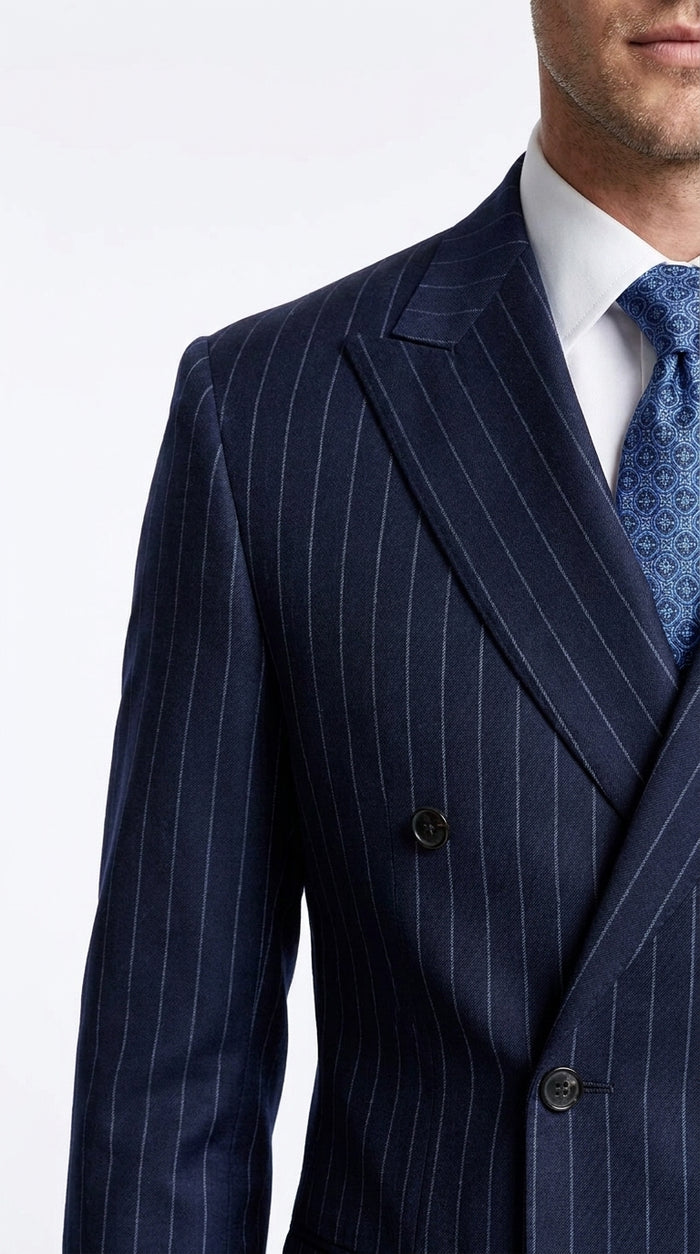 Men’s Dark Navy Blue Double Breasted Pinstripe Suit, Side Vent Jacket with Pleated Pants
