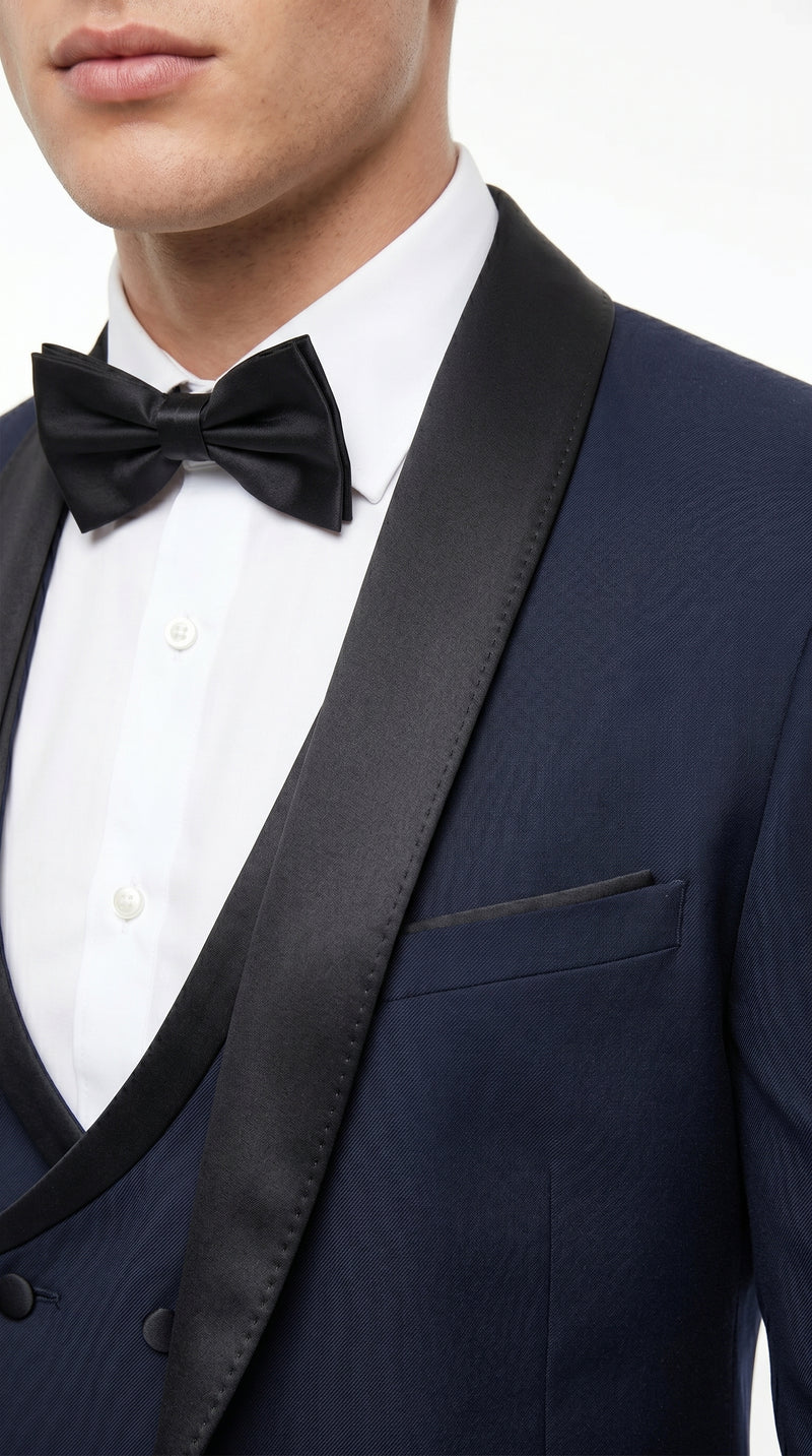 Men’s Navy 100% Wool Vested Tuxedo, Shawl Lapel Wedding Prom Formal Suit Set