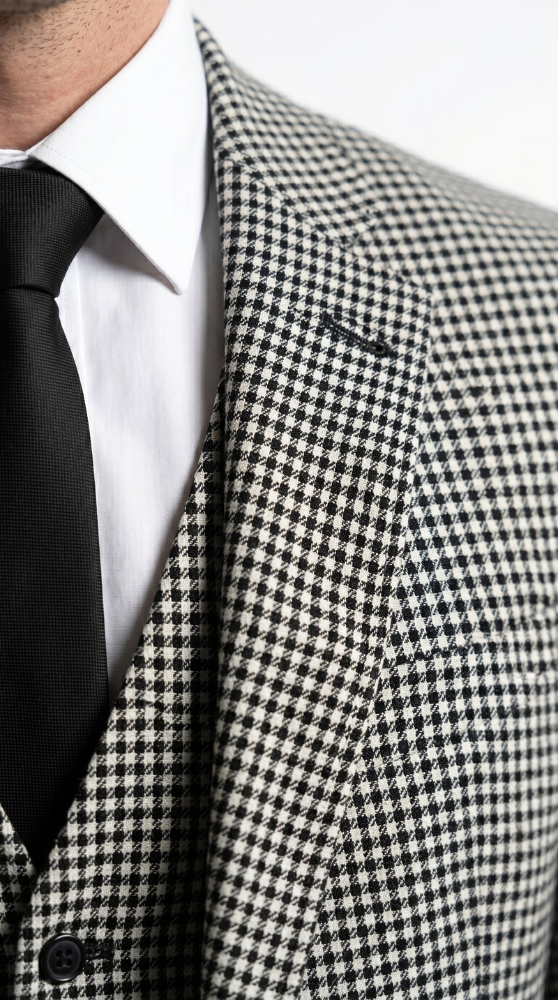 Men’s Black and White Houndstooth Checkered 3 Piece Suit, Gray Checkered Formal Wedding Business Suit Set