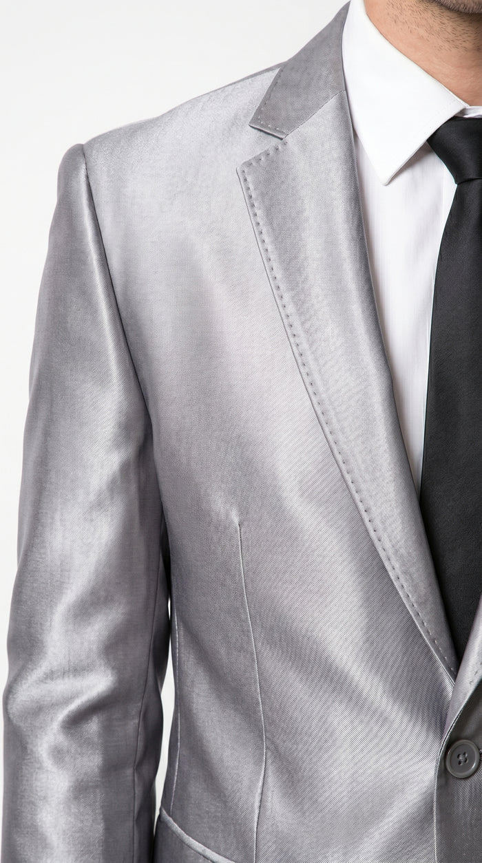 Men’s Silver Sharkskin 2 Piece Suit, Italian Styled Formal Wedding Prom Dress Suit